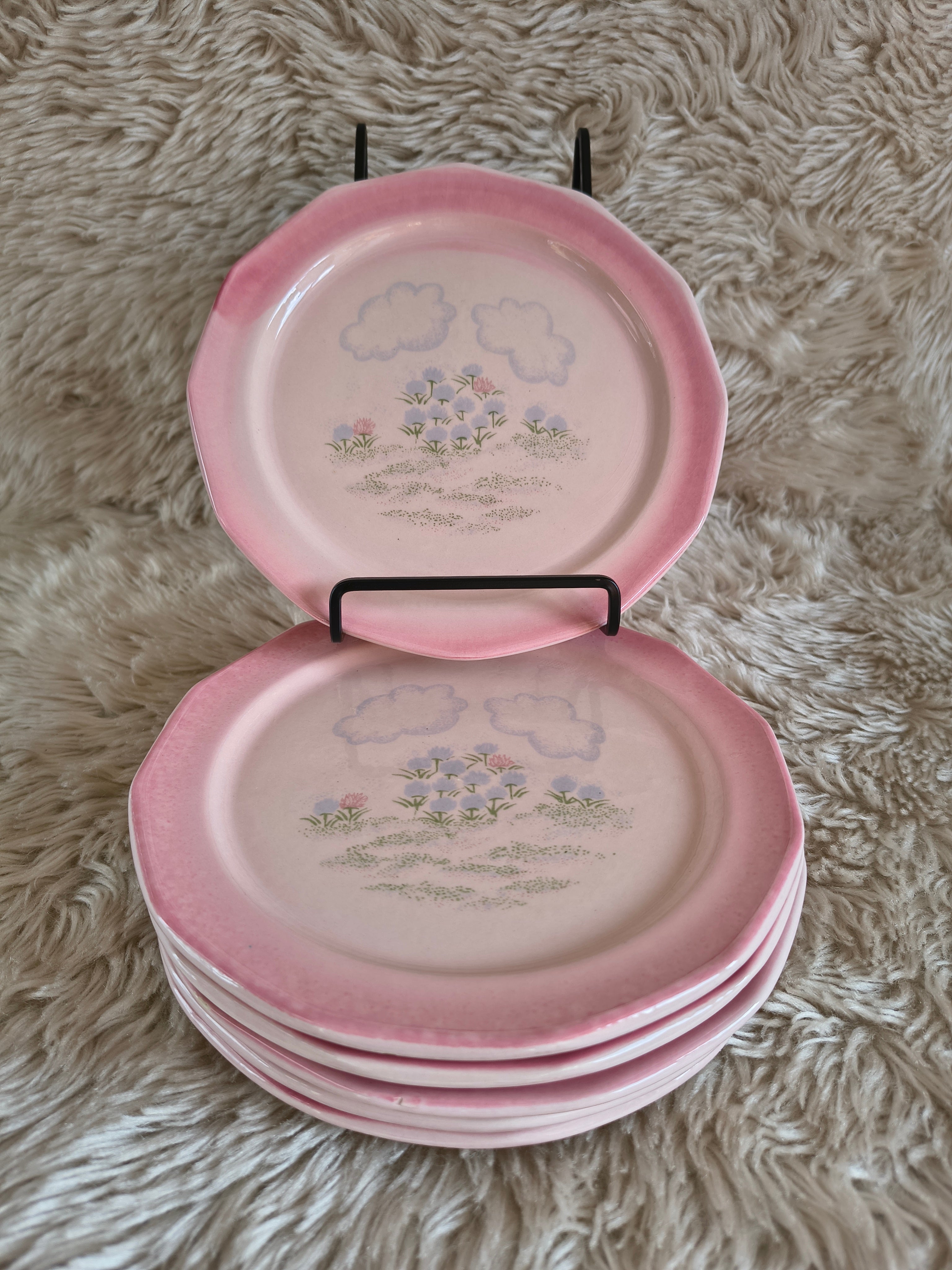 Lot de 6 assiettes à dessert rose et paysage pastel