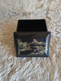 Boite en laque chinoise noire avec paysage multicolore et doré