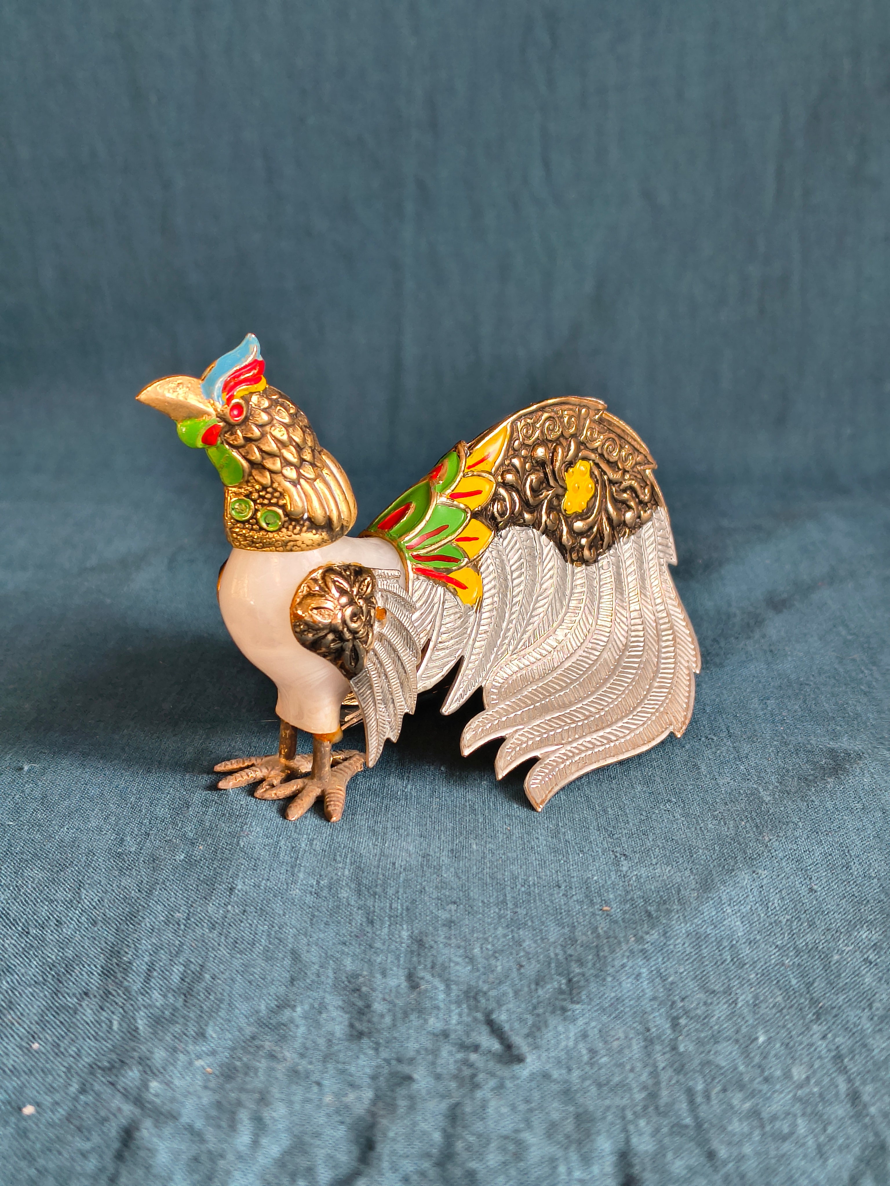 Figurine de coq en métal et plastique doré argenté et multicolore 