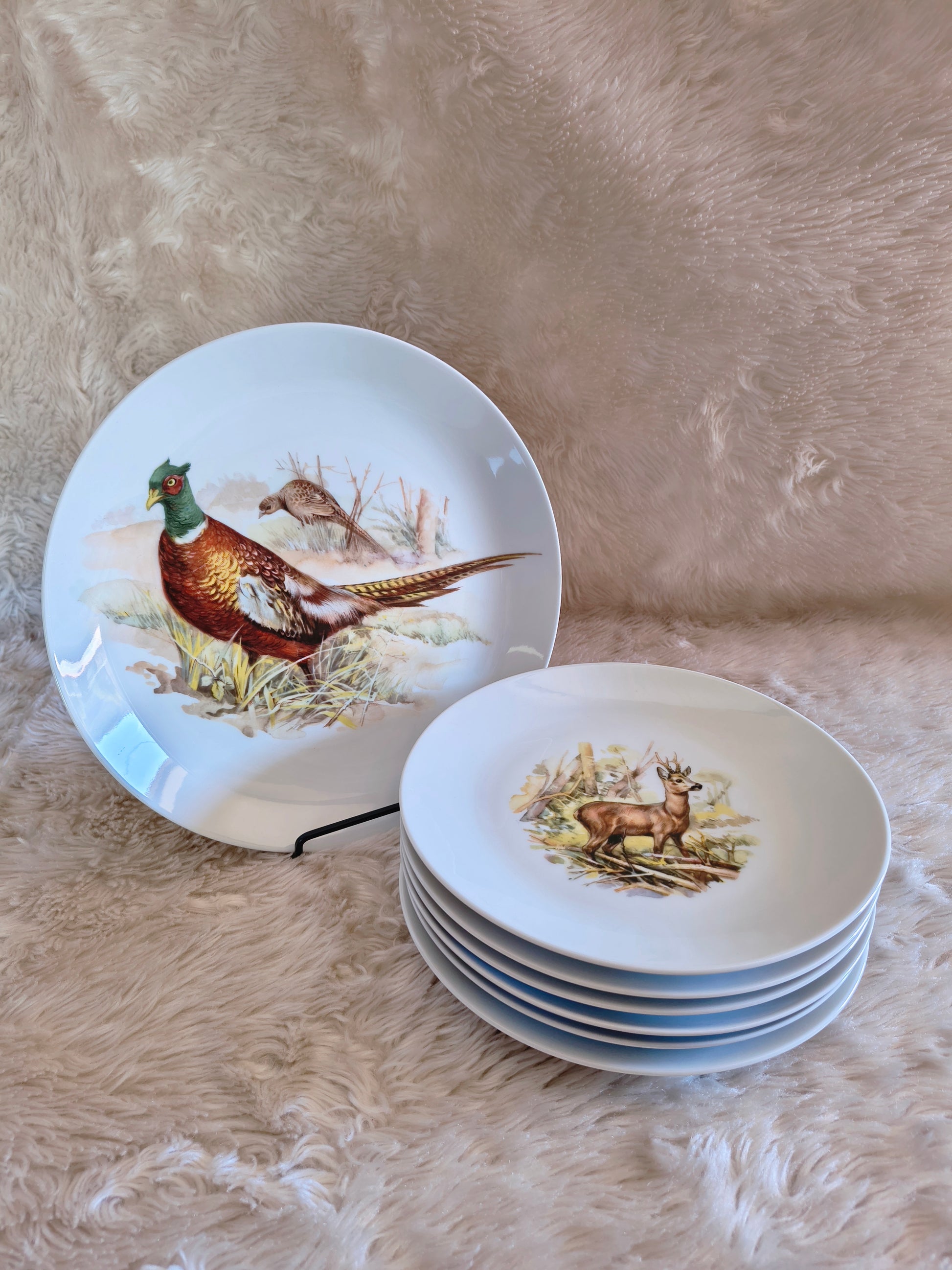 Service d'assiettes en porcelaine décor d'animaux des bois