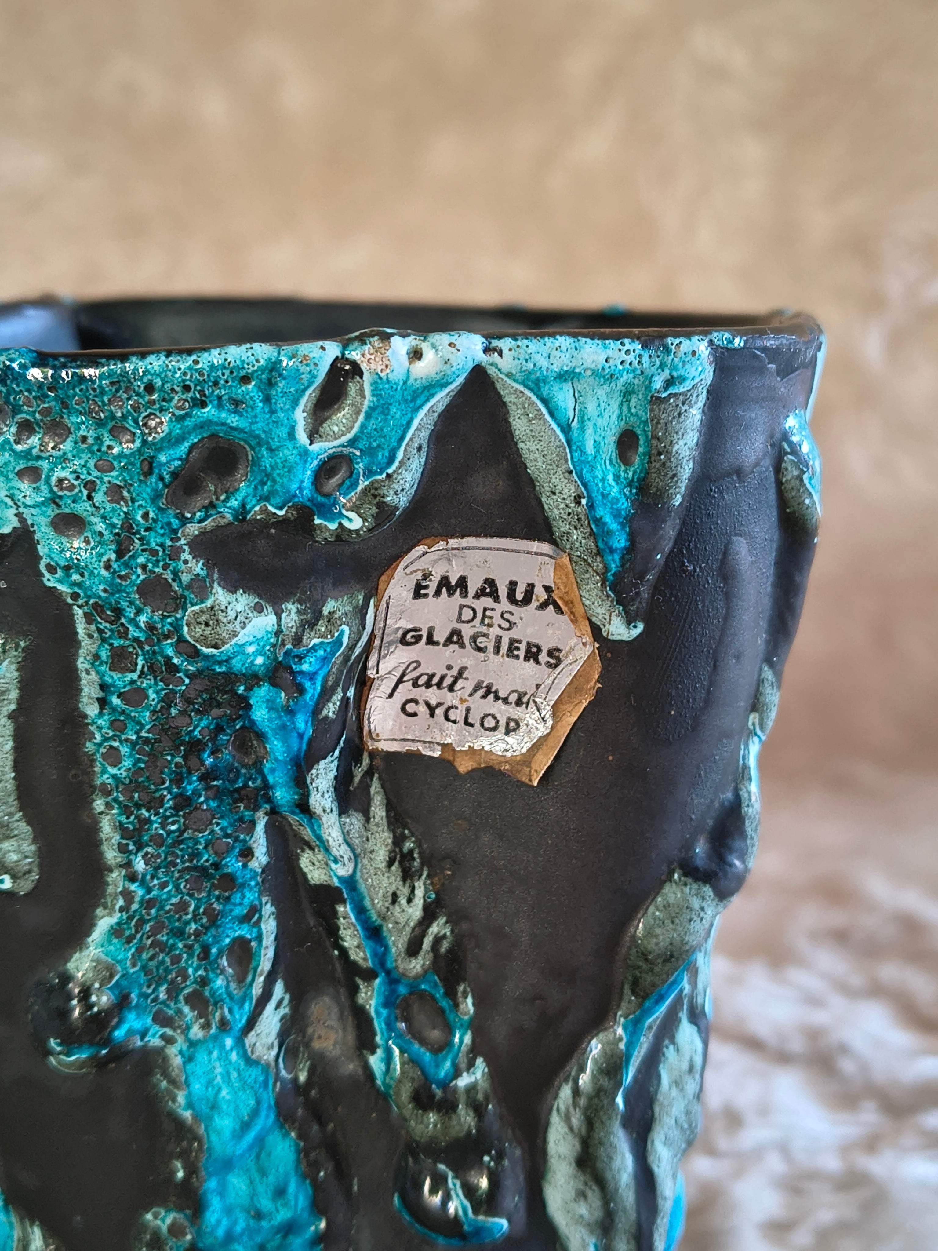 Vase vintage Fat Lava turquoise Emaux des glaciers Cyclope