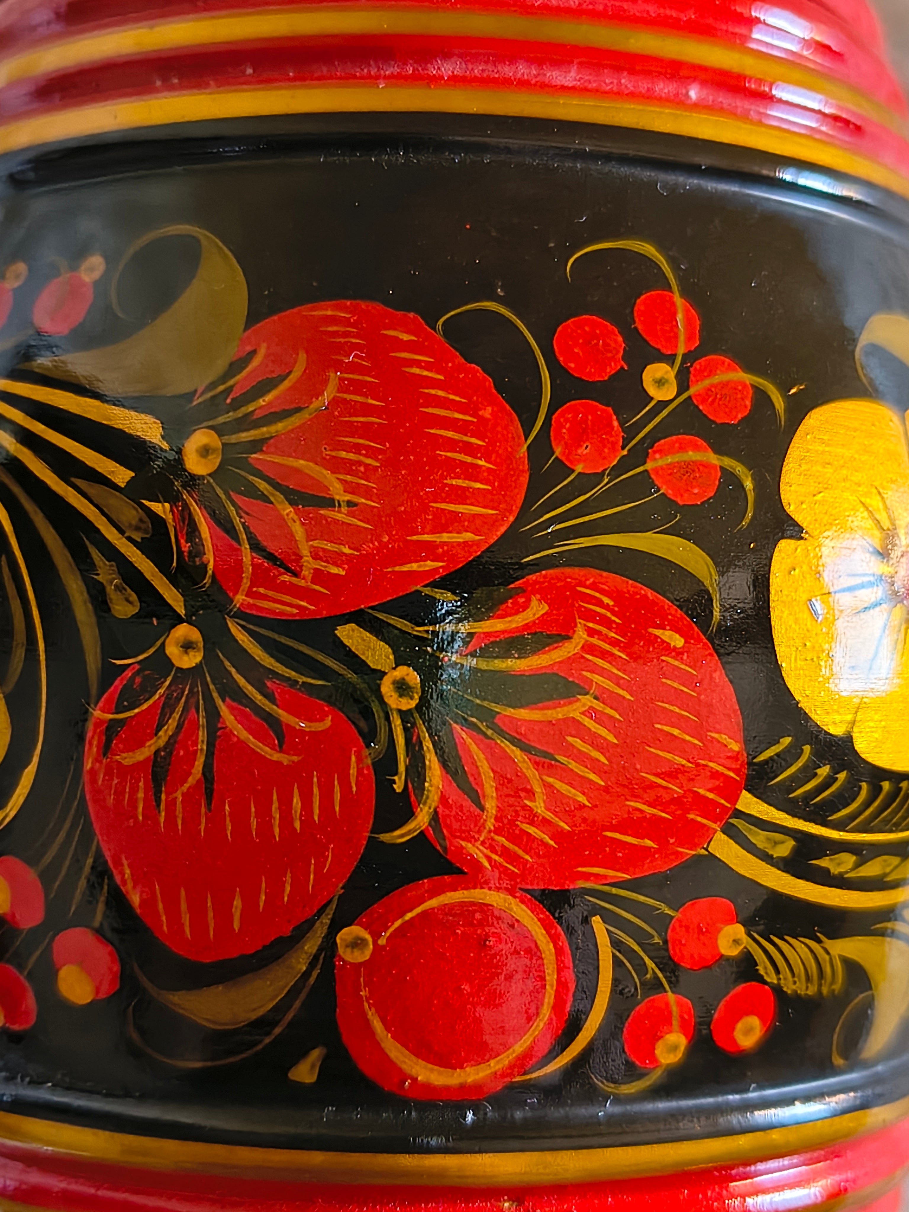 Boite laquée russe khokhloma rouge noir or fraises vintage URSS