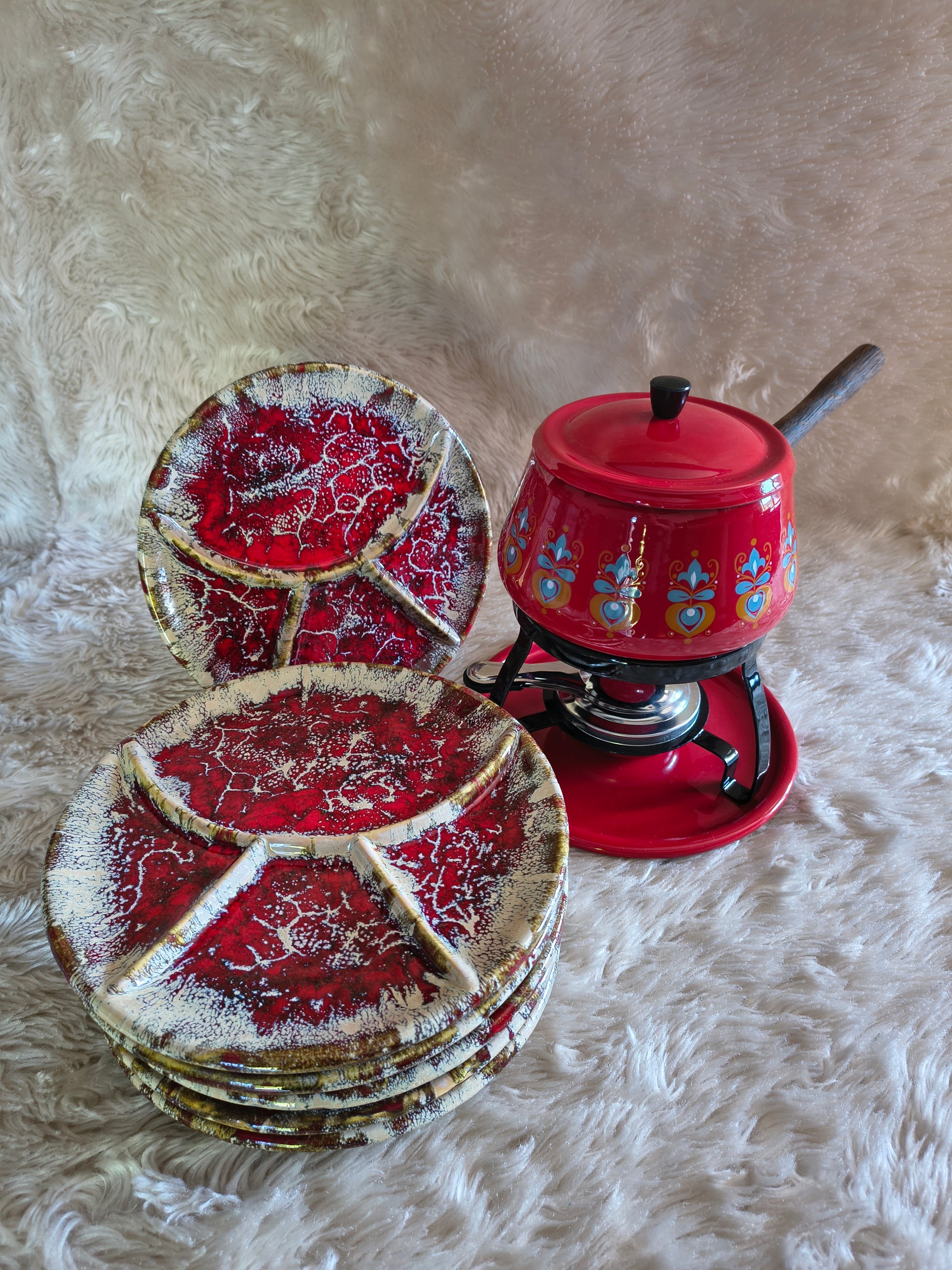 Ensemble à fondue rouge vintage années 70
