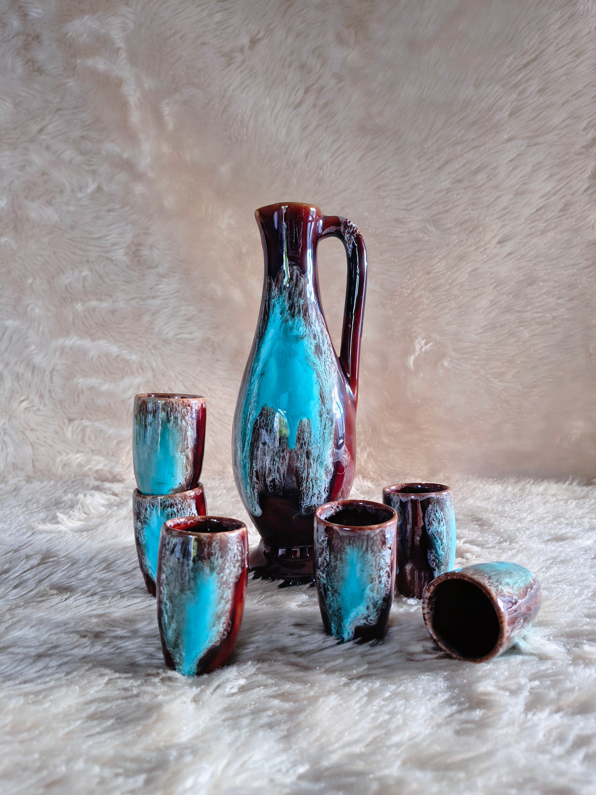 Service à liqueur vintage années 70 céramique Fat Lava turquoise style Vallauris