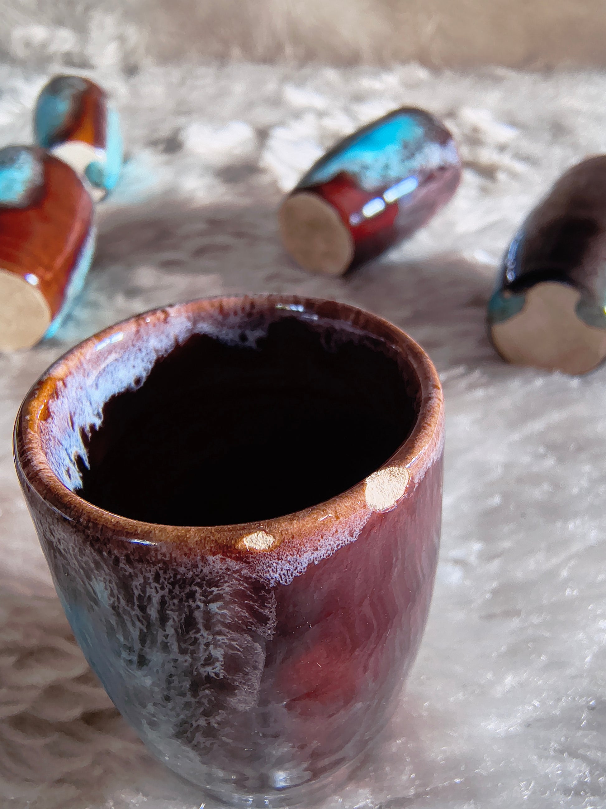 Service à liqueur vintage années 70 céramique Fat Lava turquoise style Vallauris
