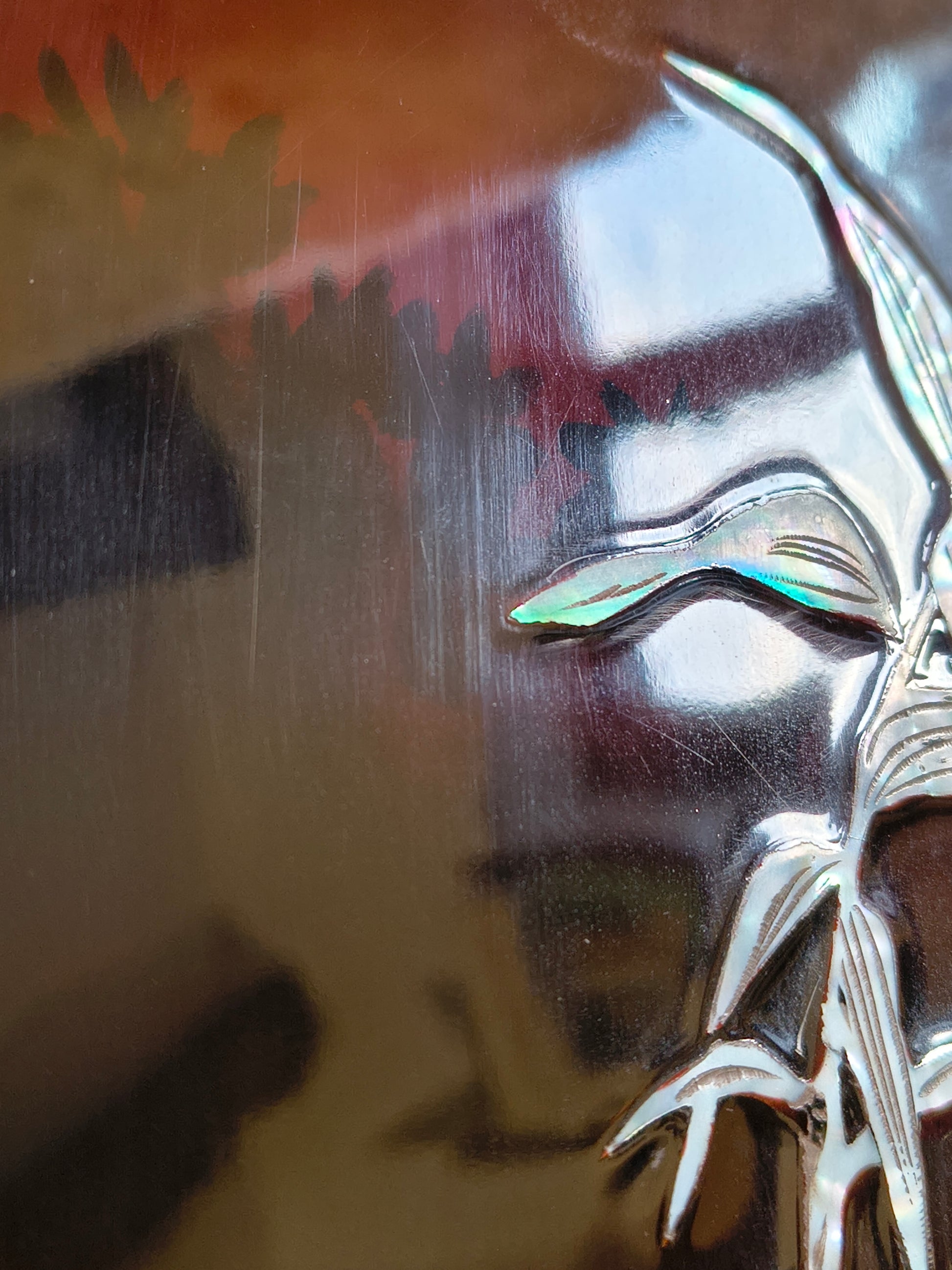 Grand panneau de laque vietnamienne incrusté de nacre véritable décor bambou et oiseaux