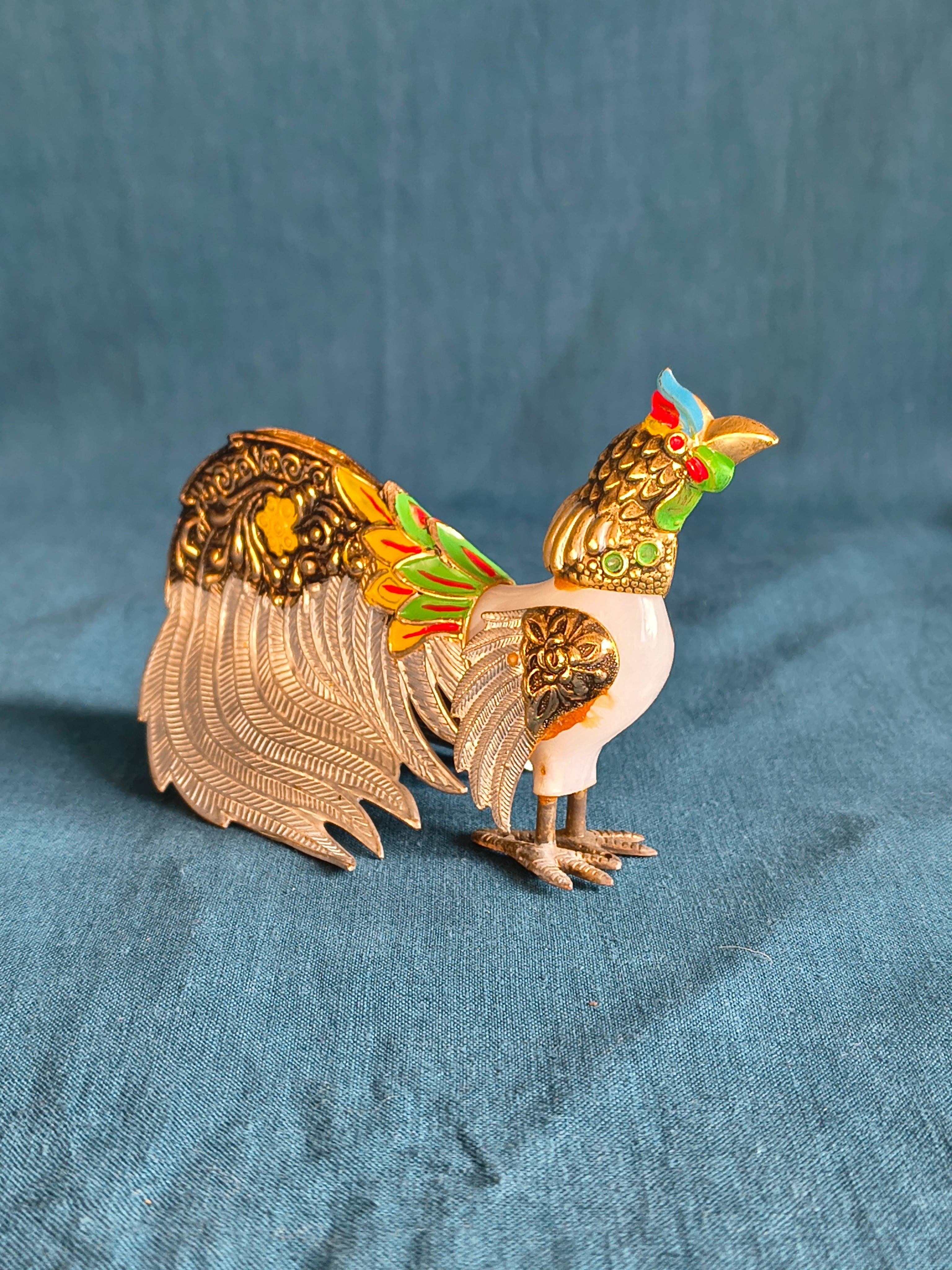 Figurine coq métal argenté et doré style asiatique kitsch