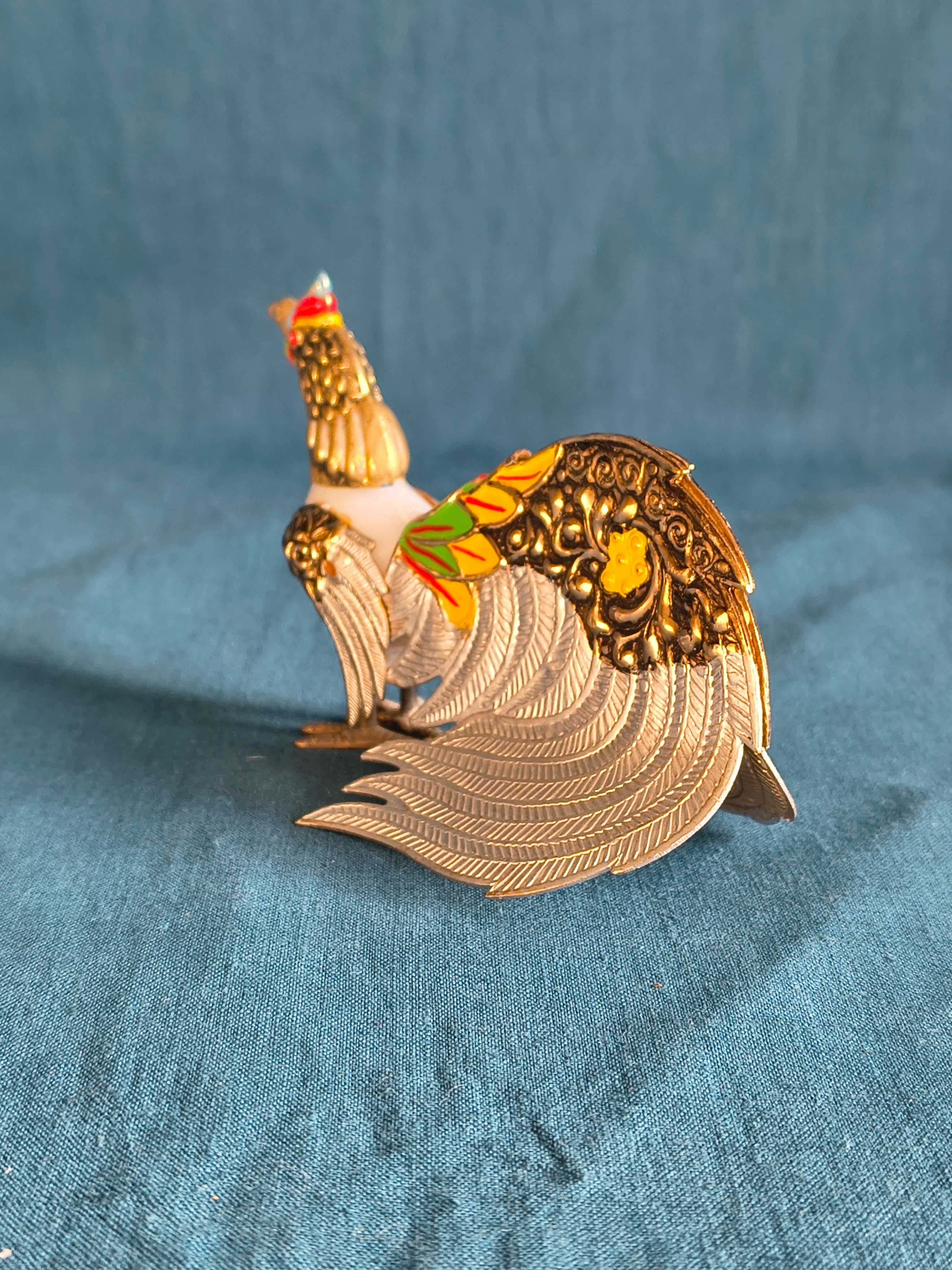 Figurine coq métal argenté et doré style asiatique kitsch