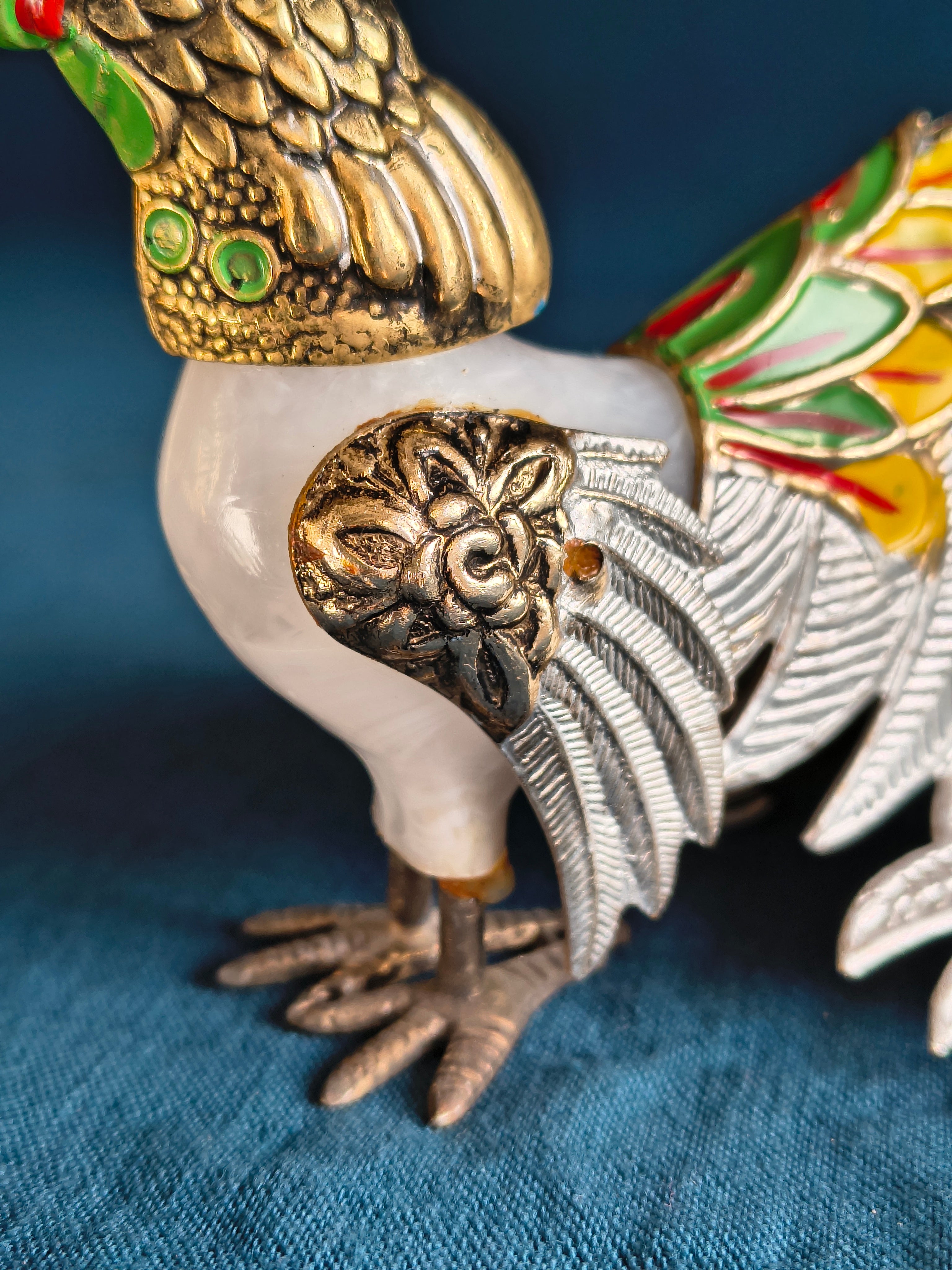Figurine coq métal argenté et doré style asiatique kitsch
