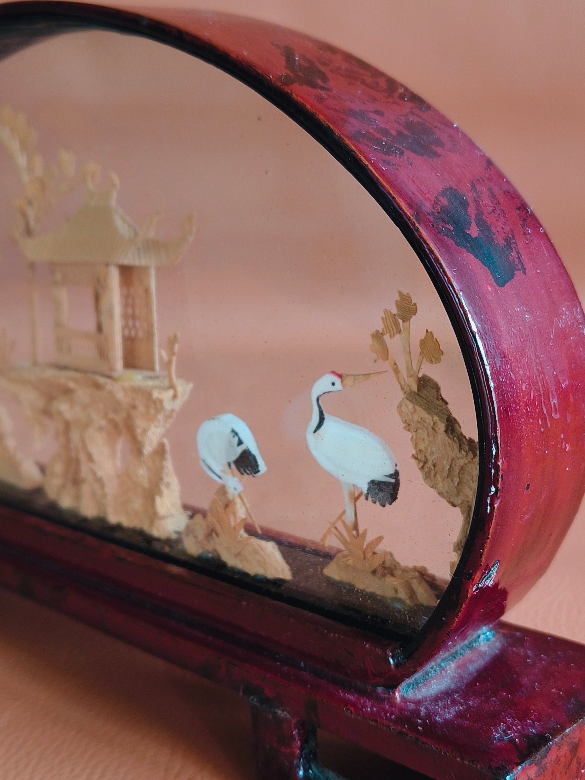 Diorama chinois vintage en liège et bois laqué temple et oiseaux