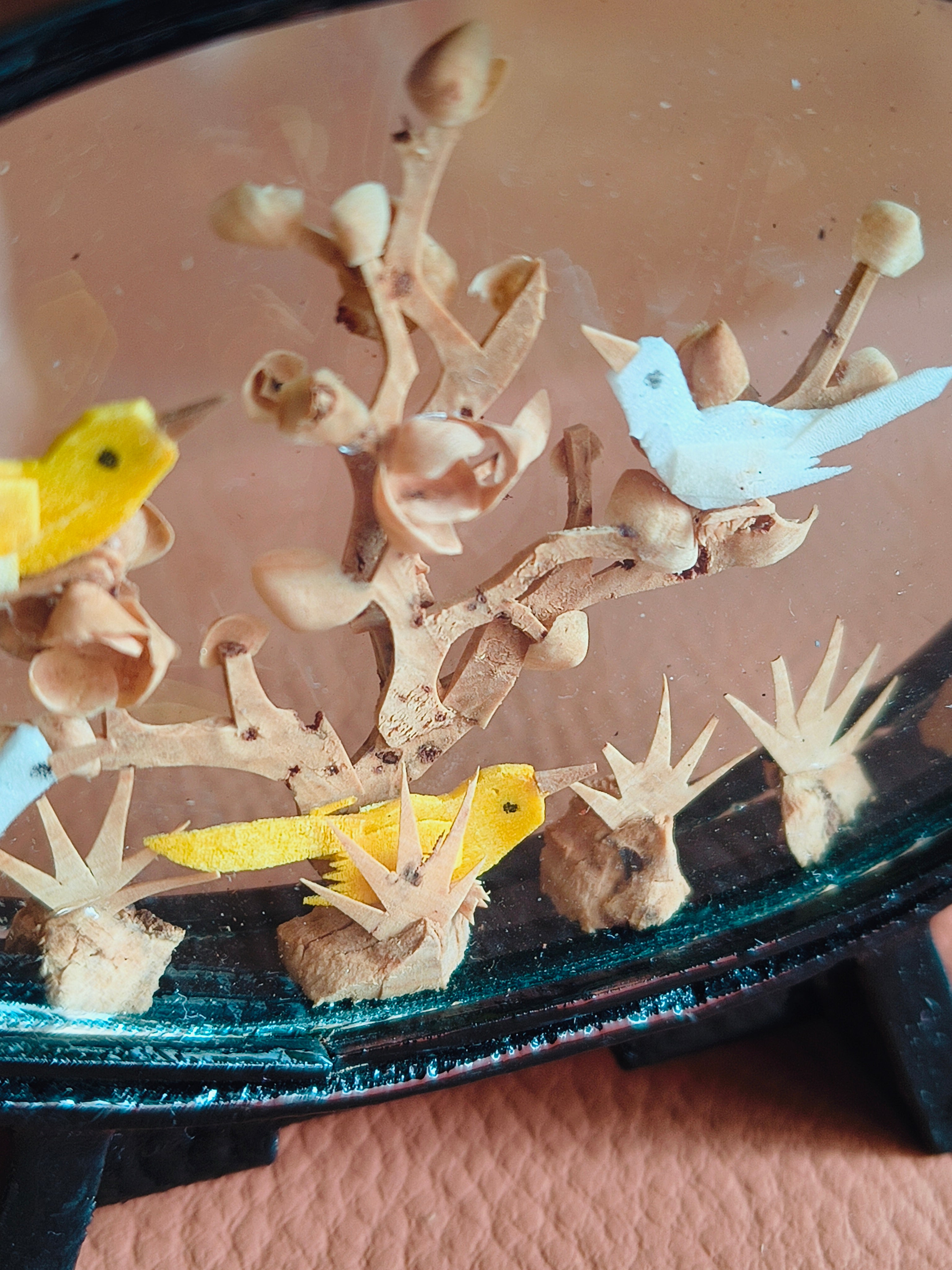 Mini diorama chinois vintage en liege et bois laqué noir branche avec oiseaux
