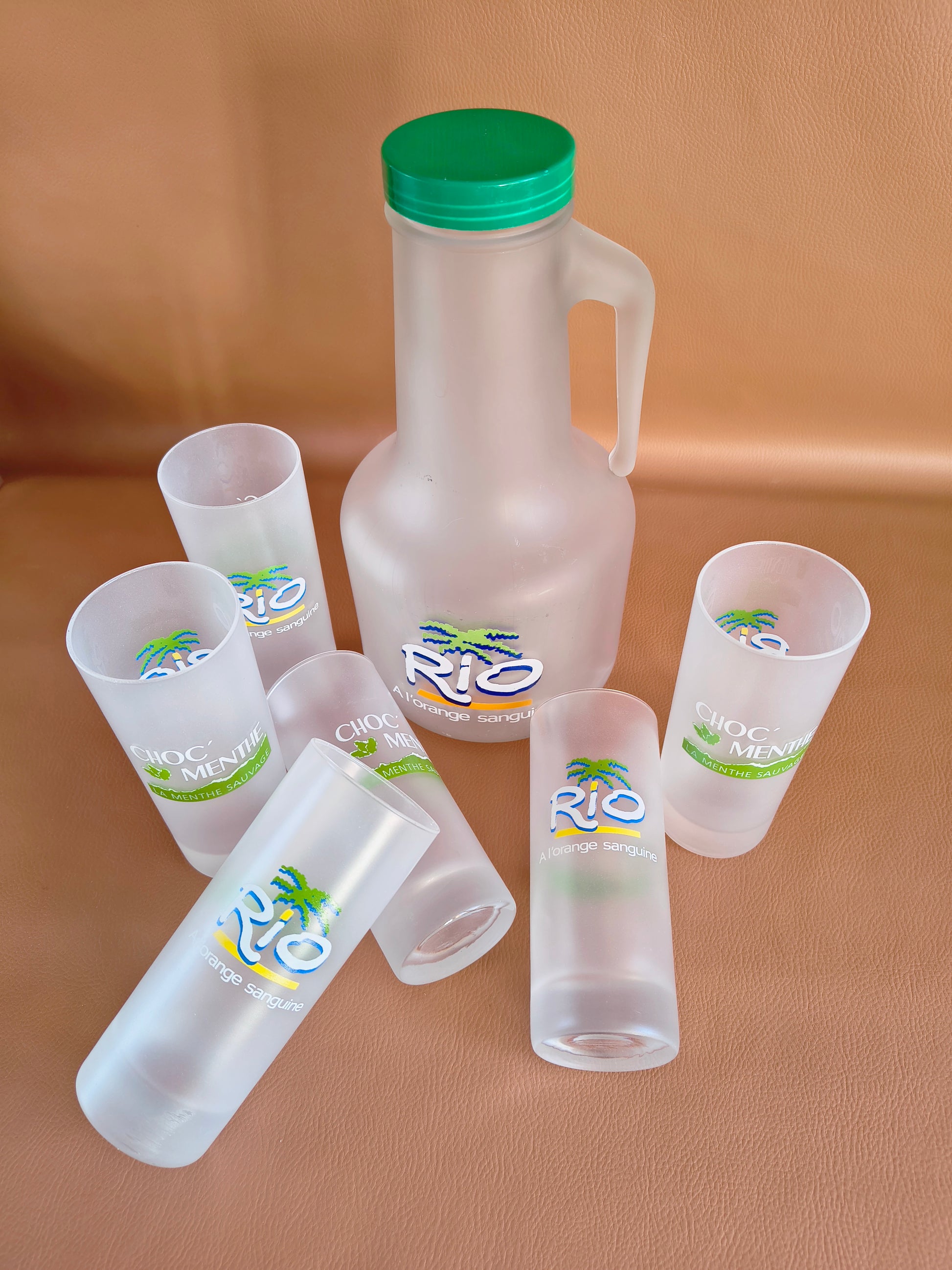 Service à orangeade vintage 90's carafe et 6 verres Rio / Choc'Menthe