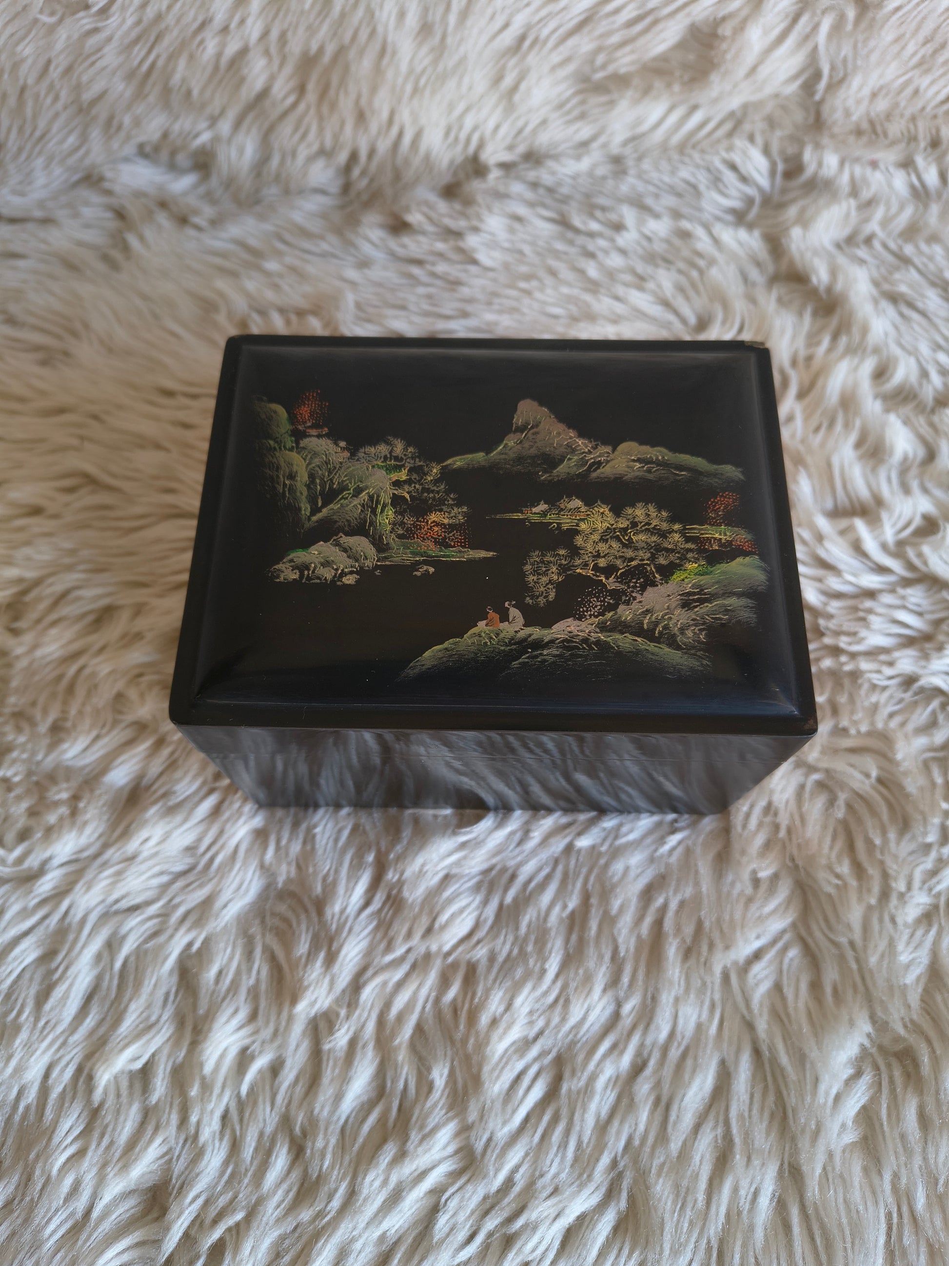 Boite chinoise en laque noire décor paysage couleur et doré
