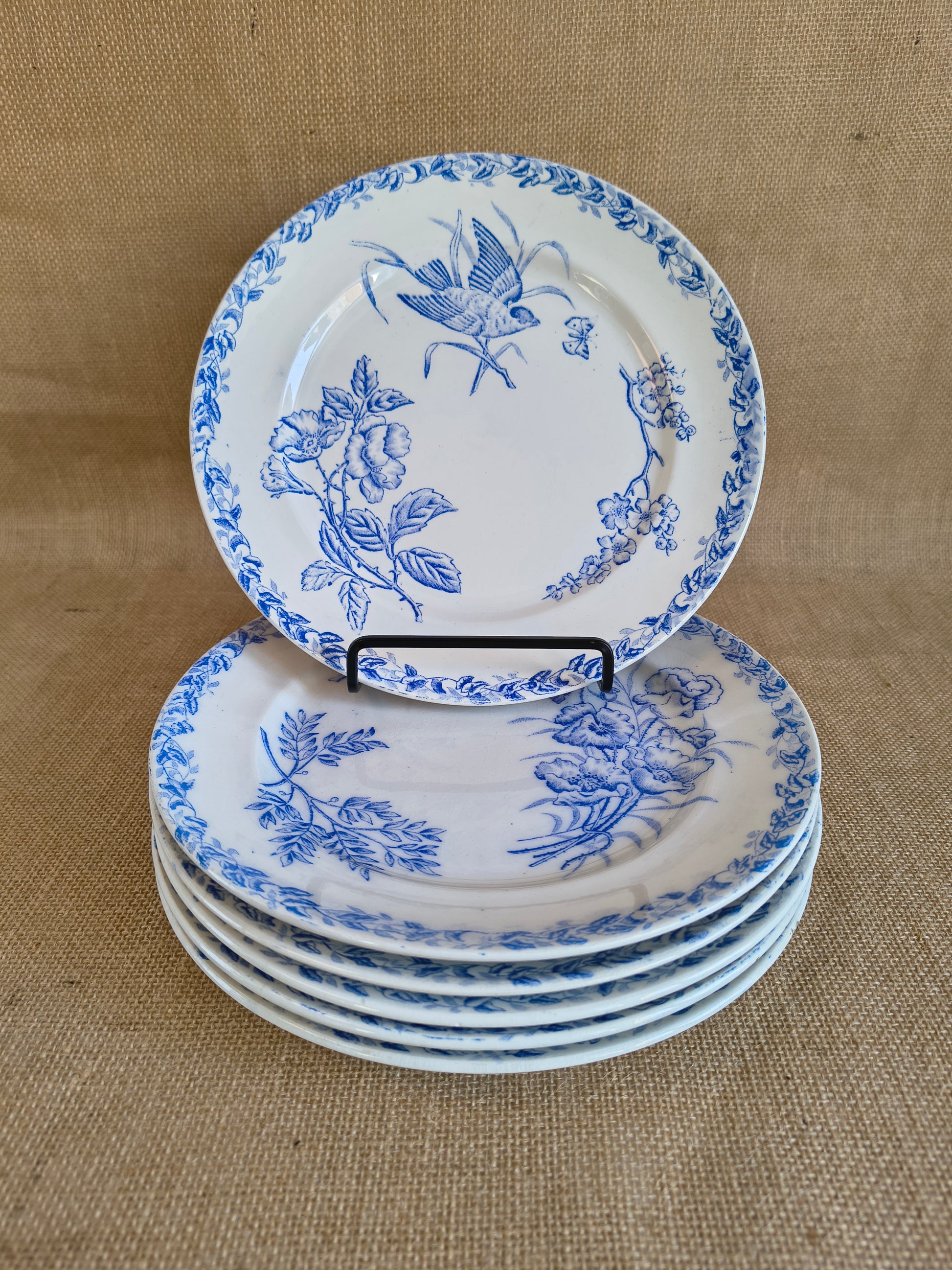Assiettes Terre de Fer décor oiseaux fleurs et végétaux couleur bleu cyan