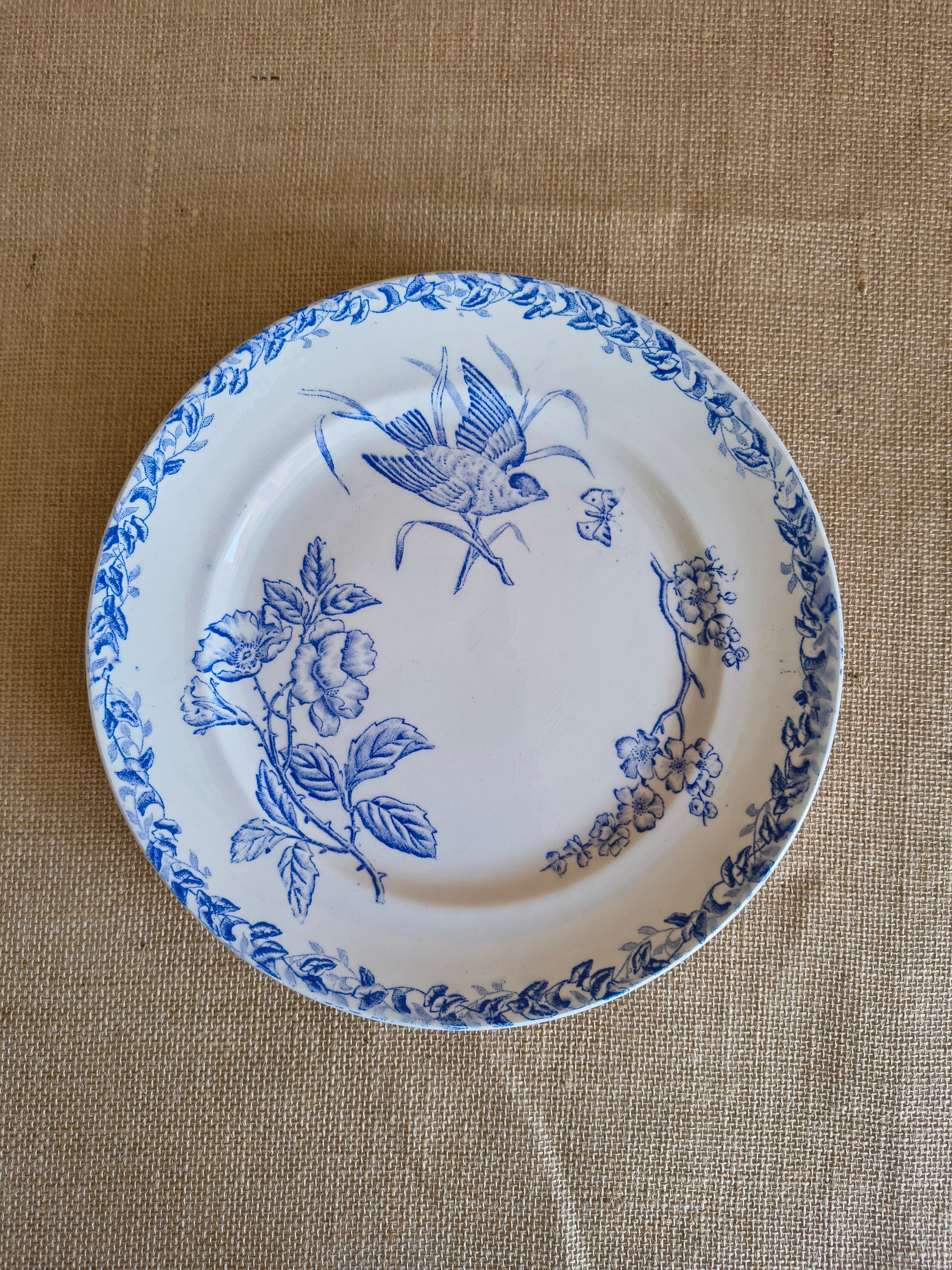 Assiettes Terre de Fer décor oiseaux fleurs et végétaux couleur bleu cyan