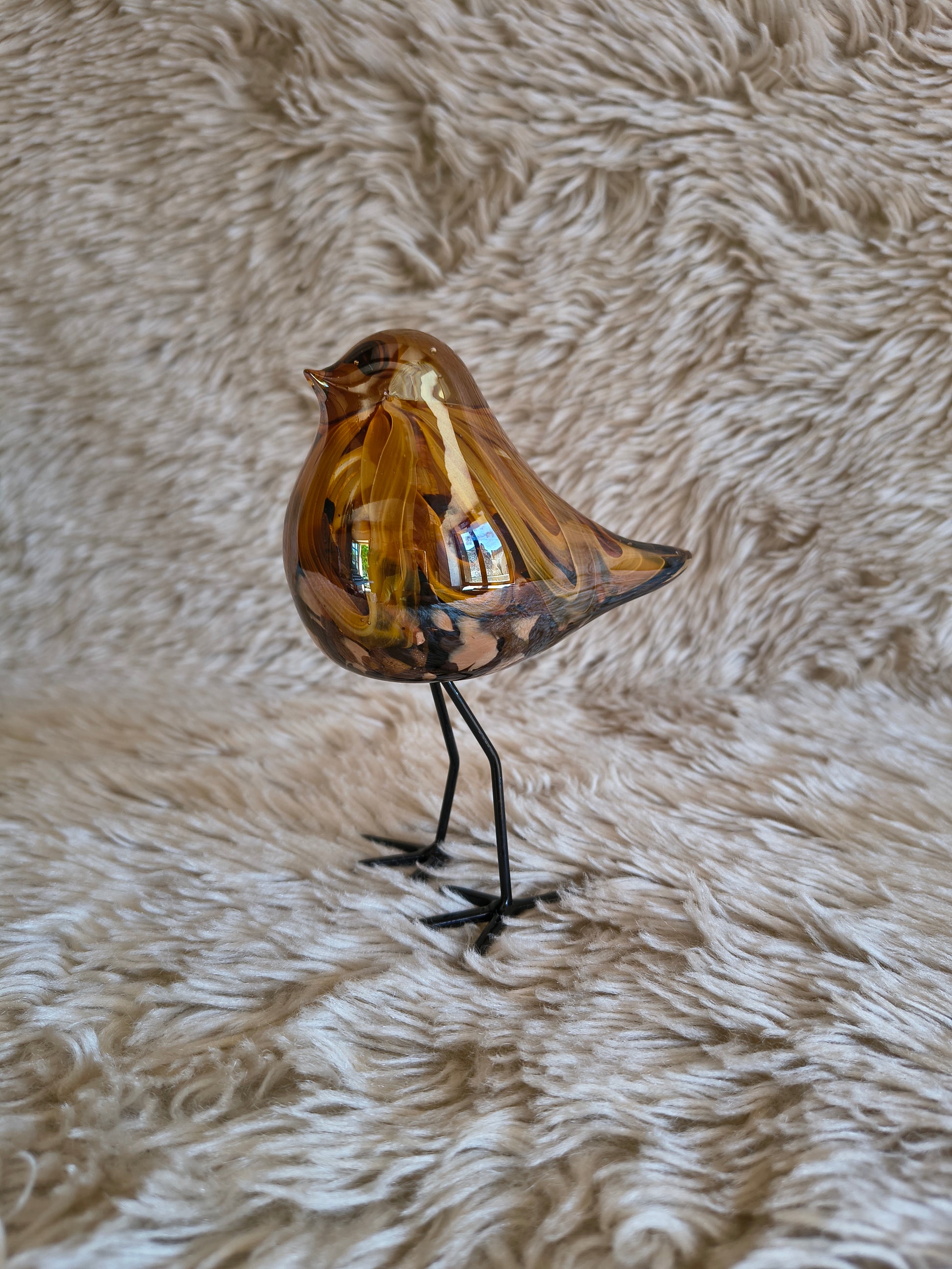 Oiseau debout en verre artisanal style Murano orange marron cuivre