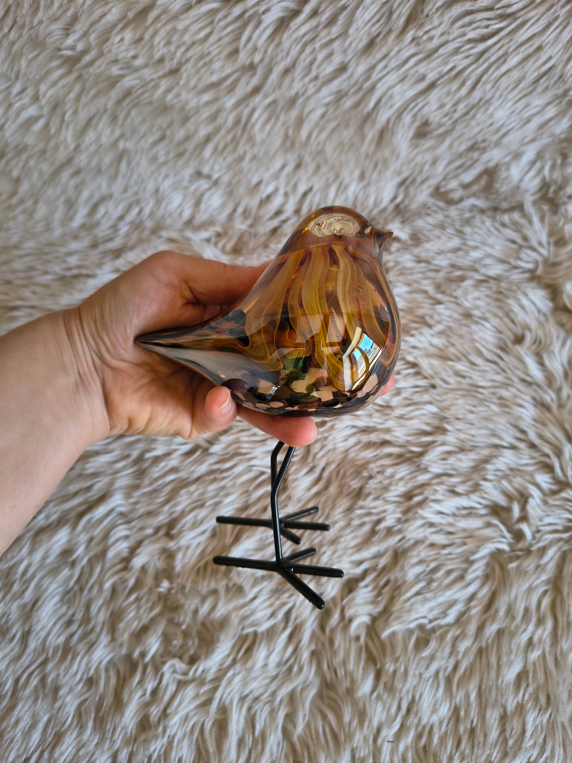 Oiseau debout en verre artisanal style Murano orange marron cuivre