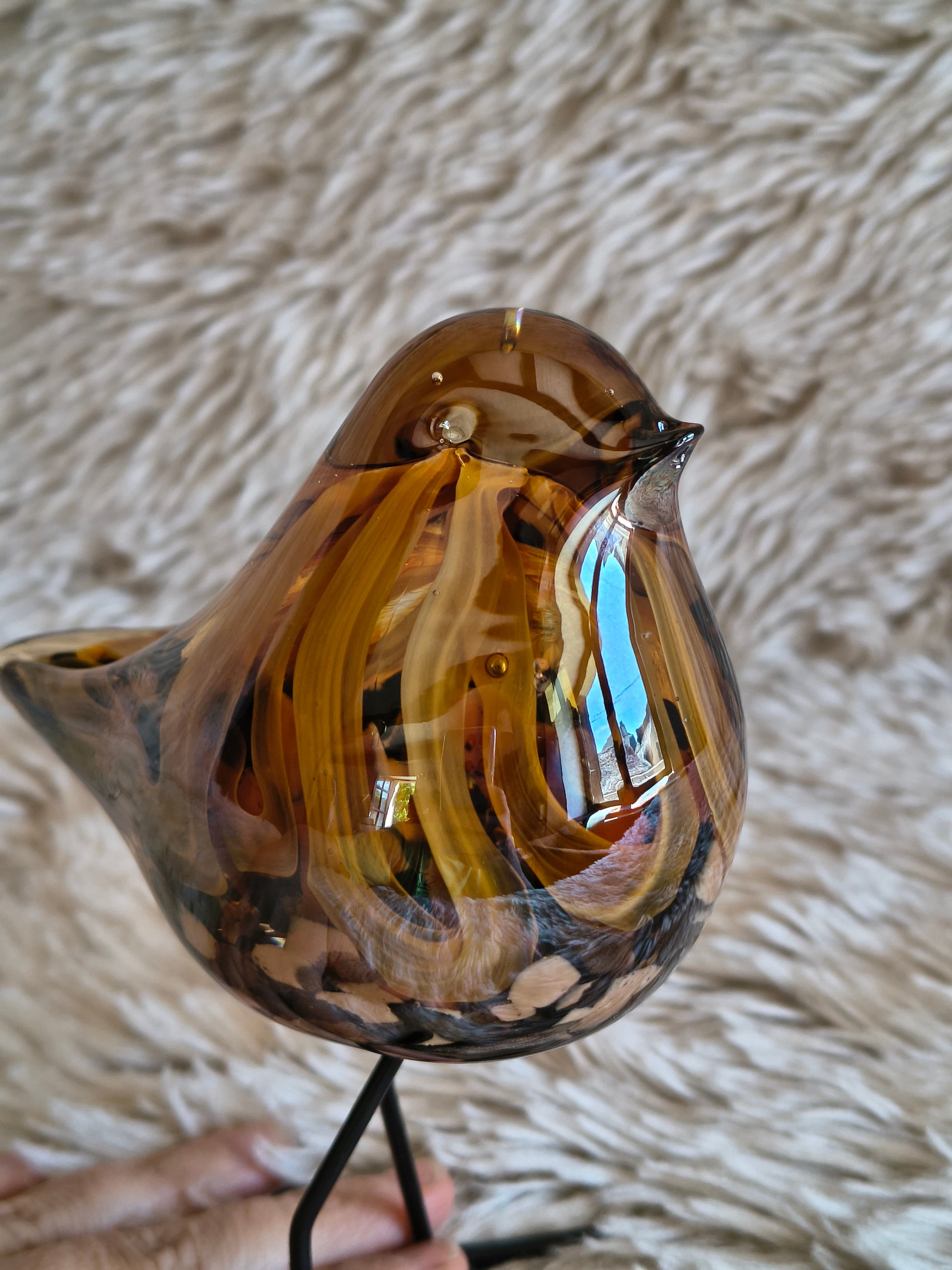 Oiseau debout en verre artisanal style Murano orange marron cuivre