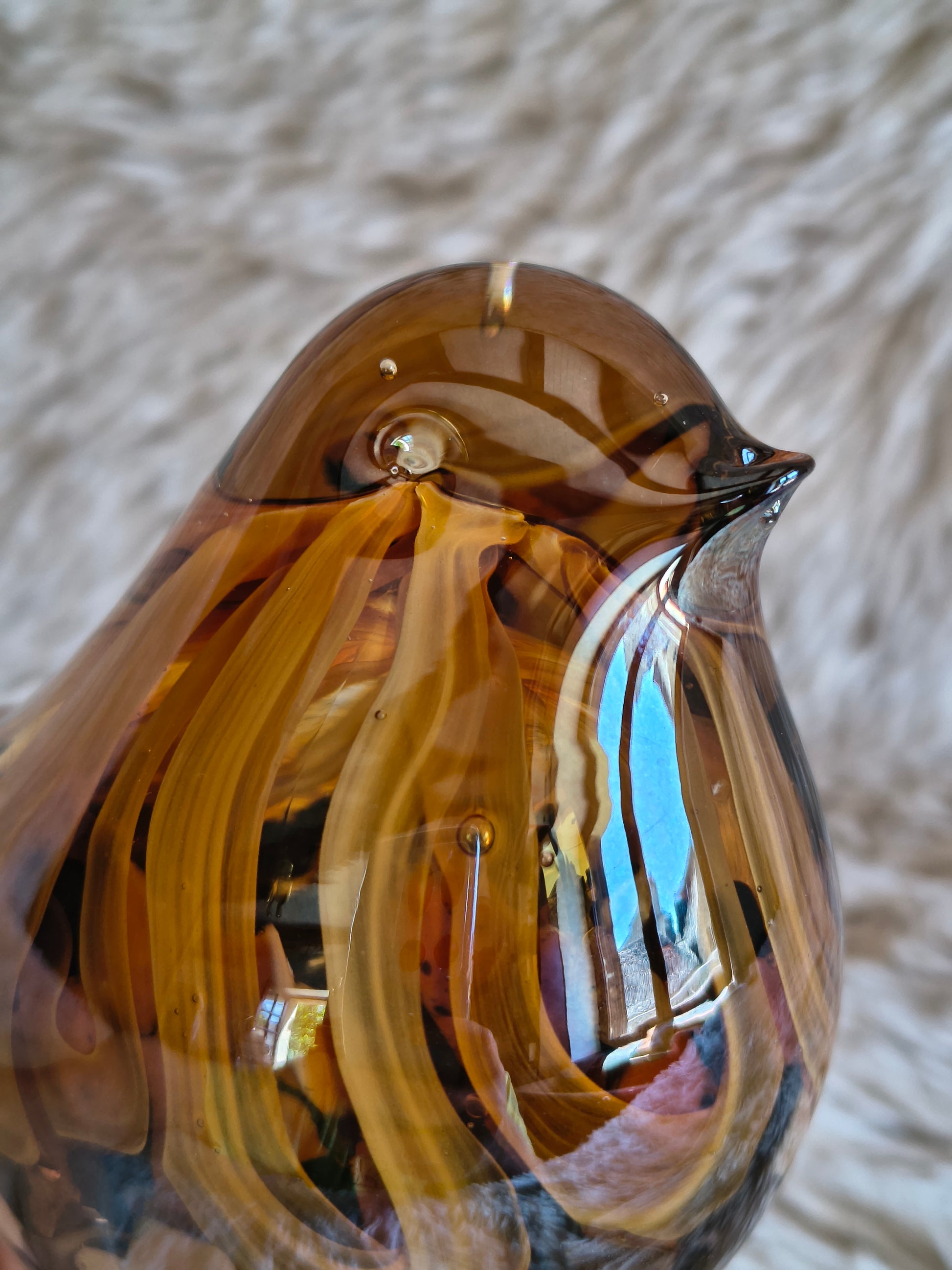 Oiseau debout en verre artisanal style Murano orange marron cuivre