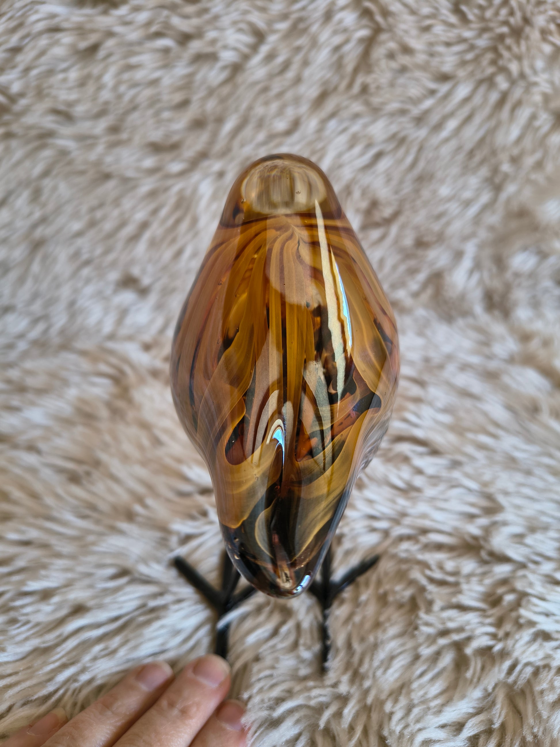 Oiseau debout en verre artisanal style Murano orange marron cuivre