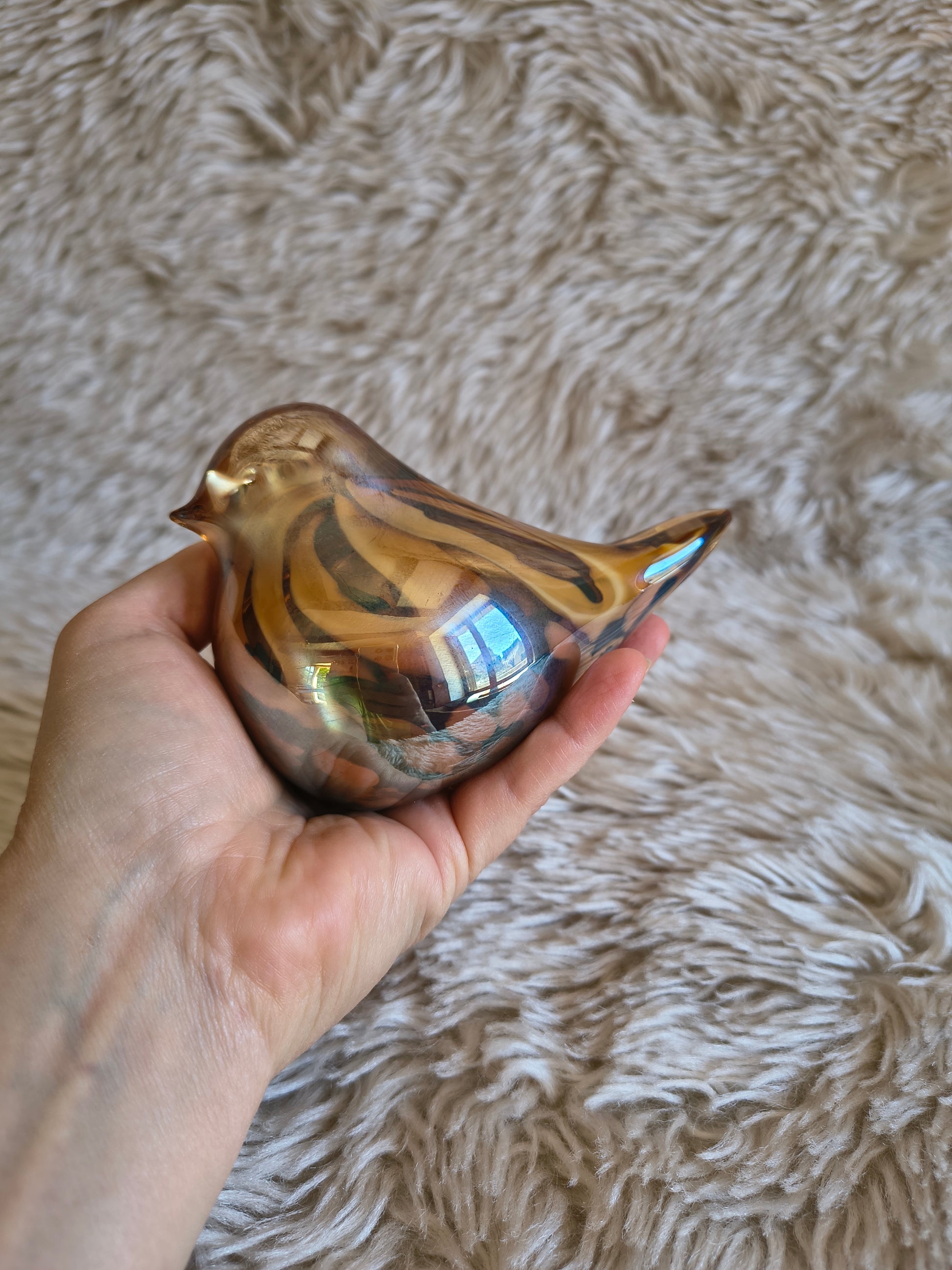 Oiseau couché en verre artisanal style Murano orange marron cuivre