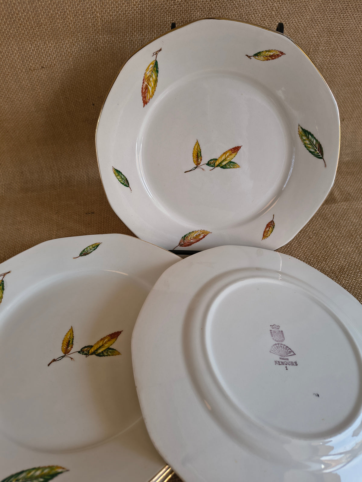 Lot de 6 assiettes plates Digoin Sarreguemines Nemours Feuilles de châtaigner