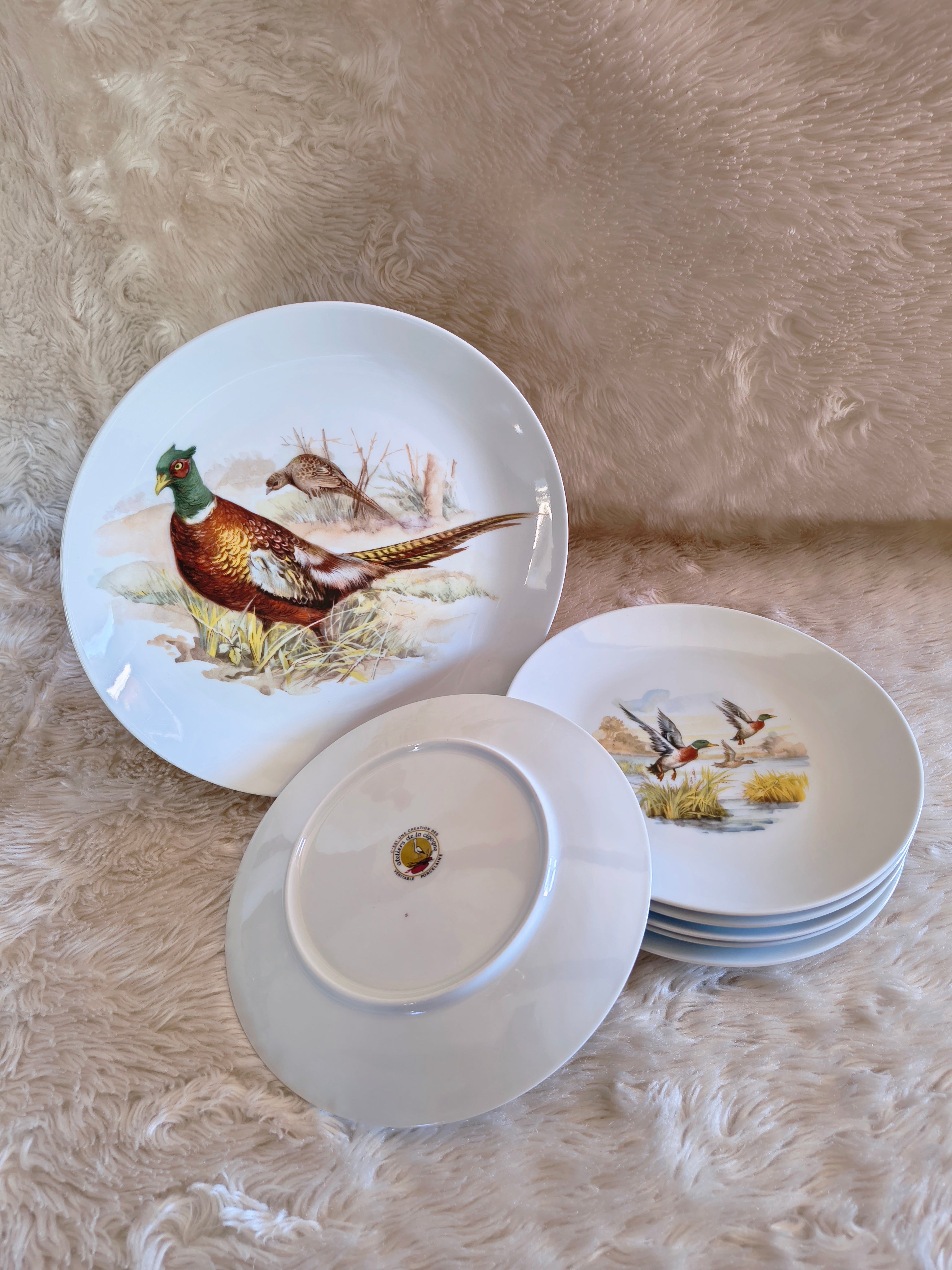 Service à gibier en porcelaine 1 plat et 6 assiettes 