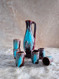 Service à liqueur Fat Lava style Vallauris turquoise et marron