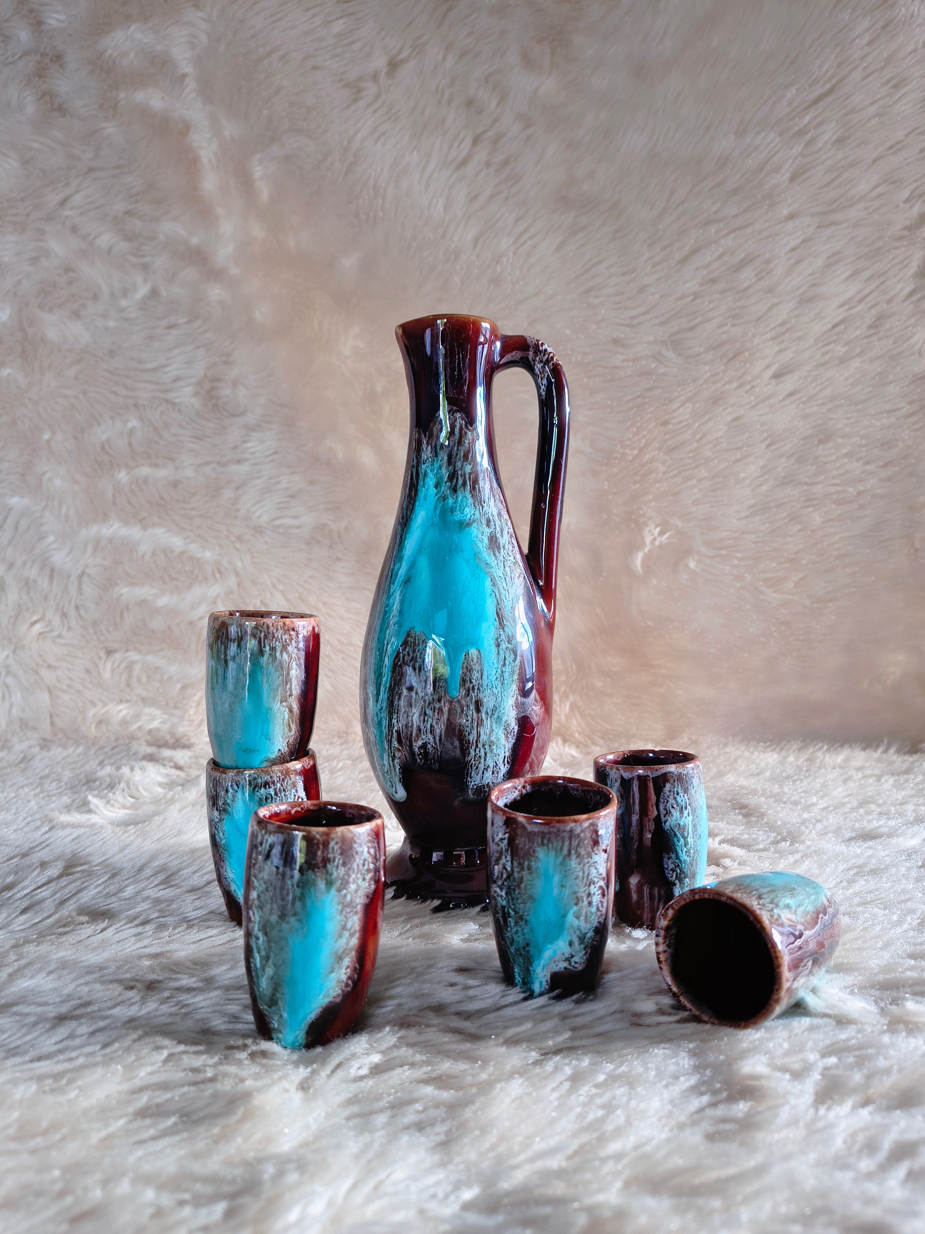 Service à liqueur Fat Lava style Vallauris turquoise et marron