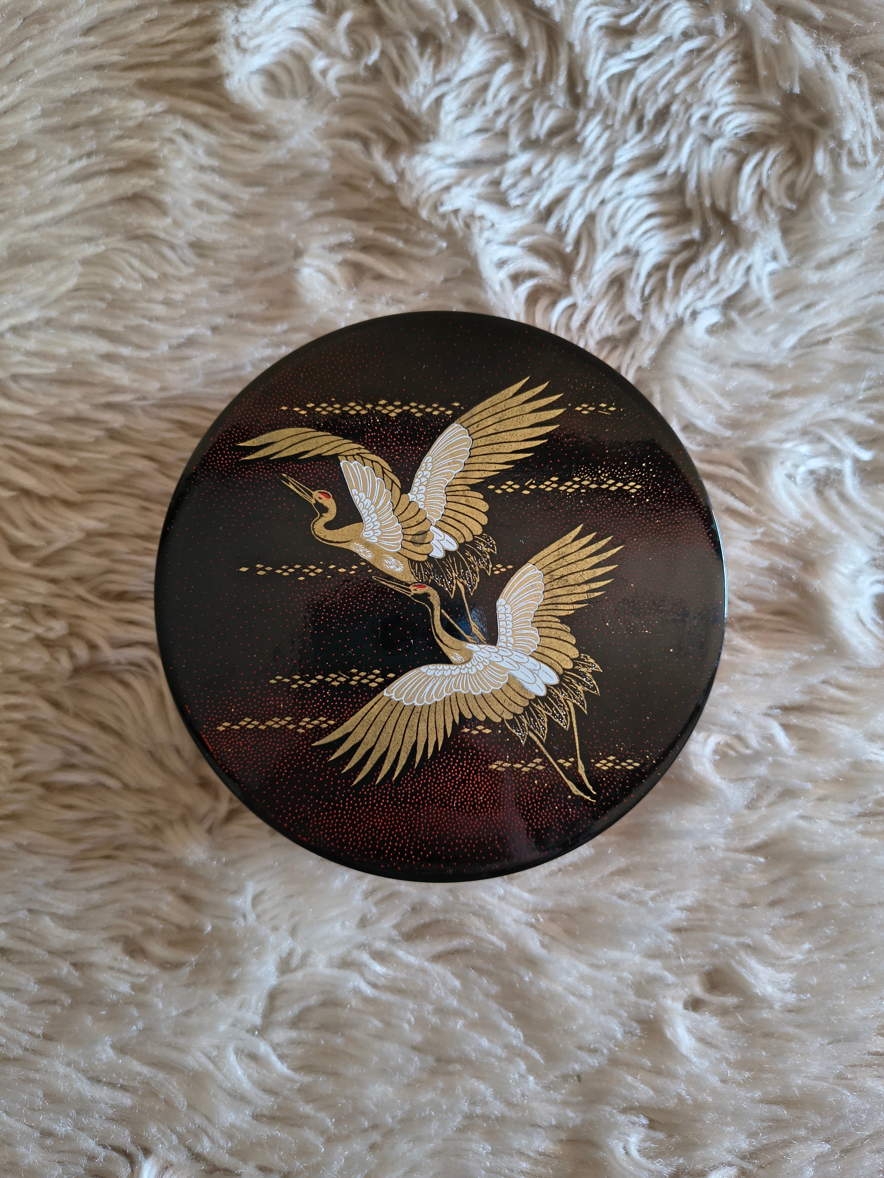 Boite et 4 sous verres vintage Japan Airlines laqué noir décor grues dorées